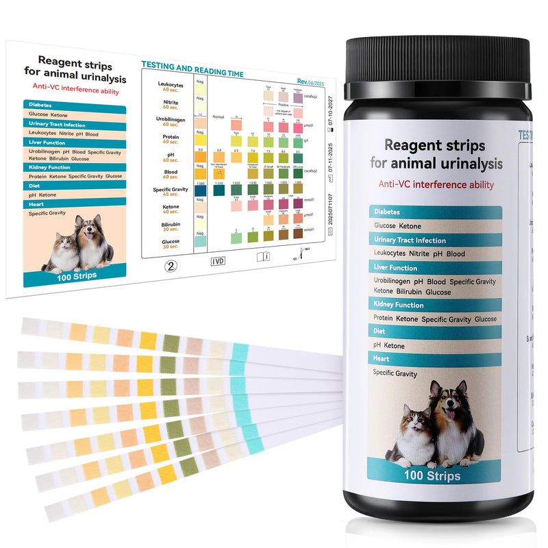 Ceoighe 100 x Pet Urine Testing Strips, 10 in 1 UTI Test Kit for Cat & Dog, Multi-Parameter Urinalysis Reagent Strips: Leukocytes, Urobilinogen, Protein, Ph, Blood, Ketone, Bilirubin, Glucose & More