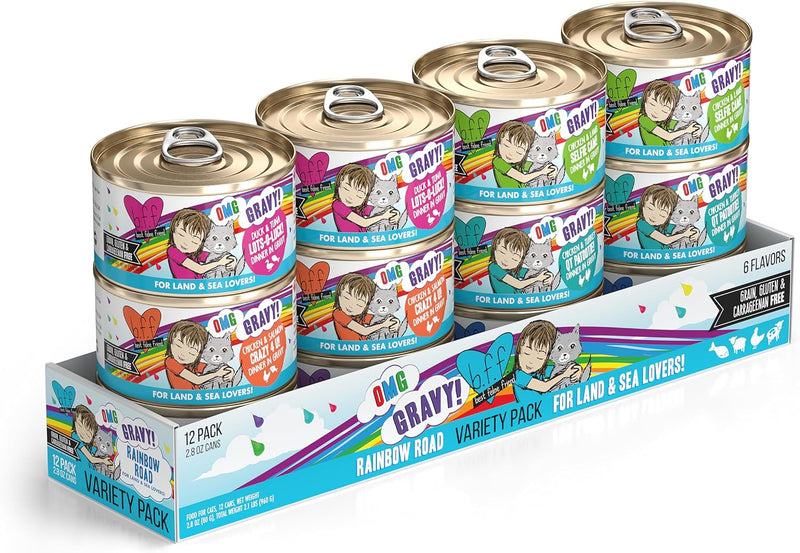 Weruva B.F.F. OMG - Best Feline Friend Oh My Gravy!, Variety Pack, Rainbow Road, Wet Cat Food By, 2.8oz Can (Pack of 12)