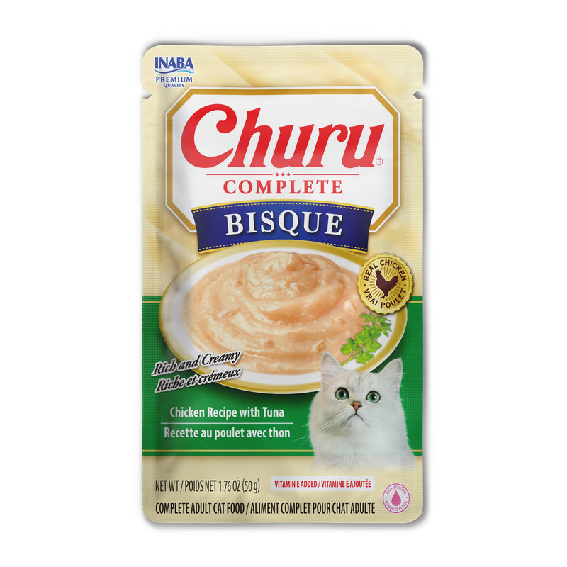 INABA Churu Complete Bisque for Cats, Grain-Free, High Protein & Moisture, Wet Cat Food with Fish Oil, 1.76oz. Pouch, 12 Pouches, Chicken with Tuna Recipe
