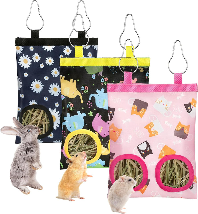 3 Pack Rabbit Hay Feeder Bag, 2-Hole Hanging Hay Dispenser for Small Pets