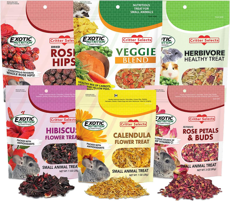 Exotic Nutrition Herbivore Treats 6 Pack - Healthy Assortment Small Animal Pet Treat - Squirrels, Guinea Pigs, Rabbits,