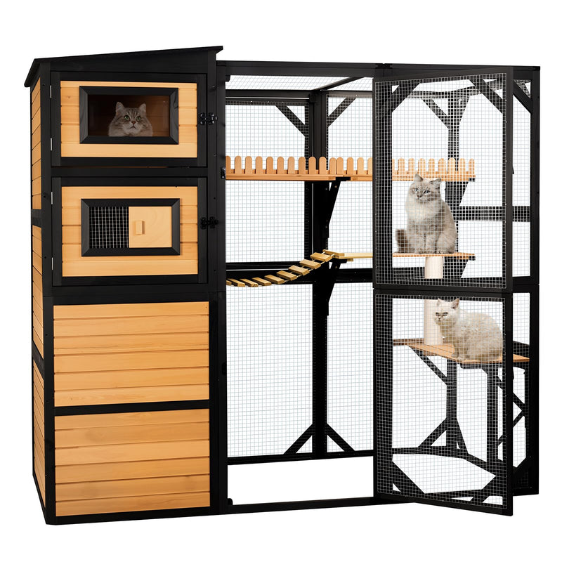Large 4 Tiers Catio Outdoor Cat Enclosure, Walk-in Cat House with Window Access, Weatherproof Asphalt & PVC Roof, 5 Doors, Platforms & Scratching Post for Multiple Cats