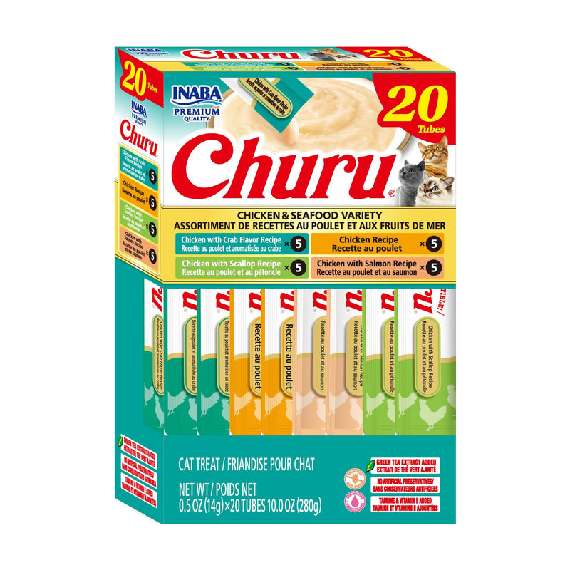 INABA Churu Cat Treats, Lickable, Squeezable Creamy Purée Cat Treat with Green Tea Extract & Taurine, 0.5oz. Each Tube, 20 Tubes, Chicken & Seafood Variety