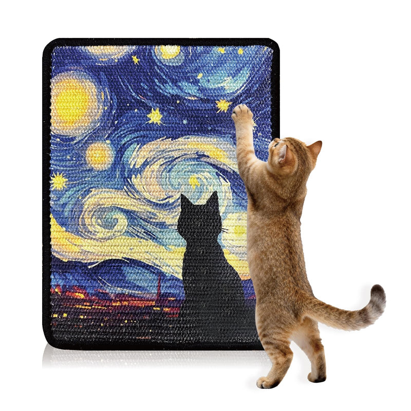 Soubeoii 3-in-1 Sisal Cat Scratcher Mat 15x12 Inch – Art Cat Wall Scratcher with Adhesive Tape for Indoor Cats, Durable Wall Mounted Cat Scratch Pad to Protect Couch and Carpet(Starry Night