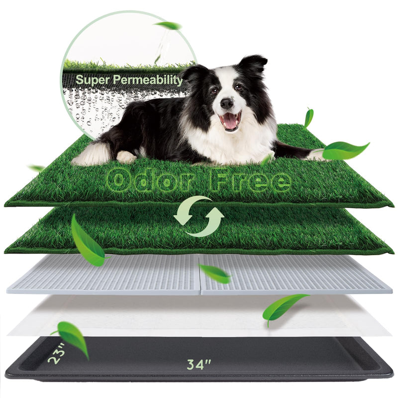 HQ4US 4LEGS Dog Grass Pad with Tray Large 34’’×23’’, Dog Litter Box with Odor Free Artificial Grass Pee Pads for Dogs Potty Tray with Hemmed Edge, Realistic for Indoor Balcony