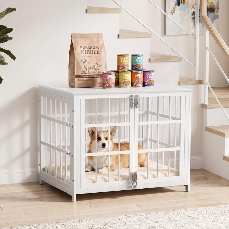 IronovaPets 32 Inch Heavy Duty Wooden Dog Crate Furniture, Decorative End Table and Chew Proof Indoor Kennel, Anti Anxiety Escape Proof Reinforced & Strong Metal Cage for Medium Breeds, White