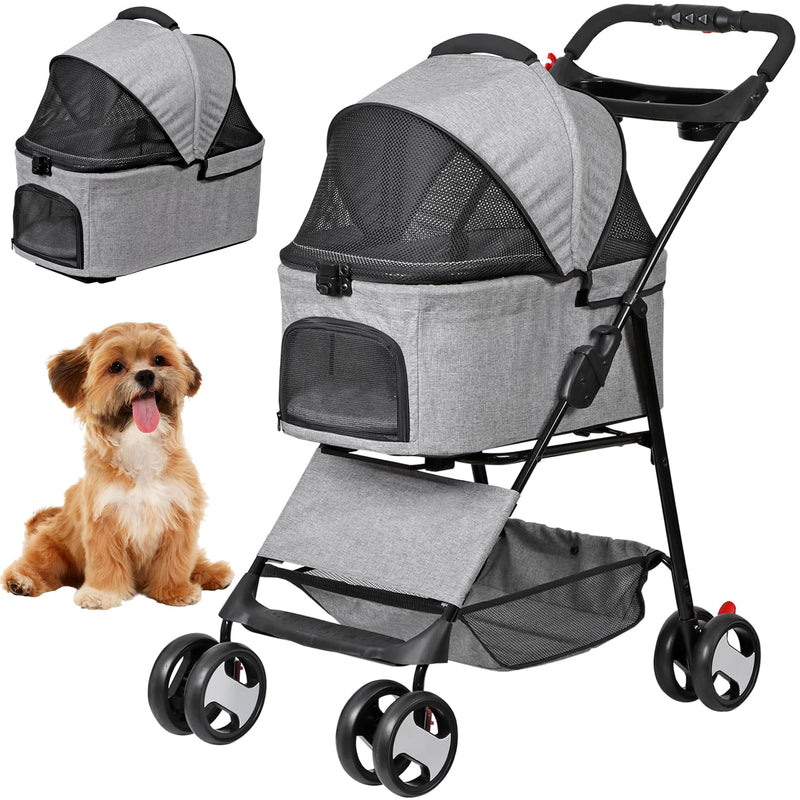 BBBuy 4 Wheels Foldable Pet Dog Cat Jogger Stroller Travel Carrier Strolling Cart w/Waterproof Cover Storage Basket Cup Holder & Detachable Carrier for Medium Small Cat Dog, Grey