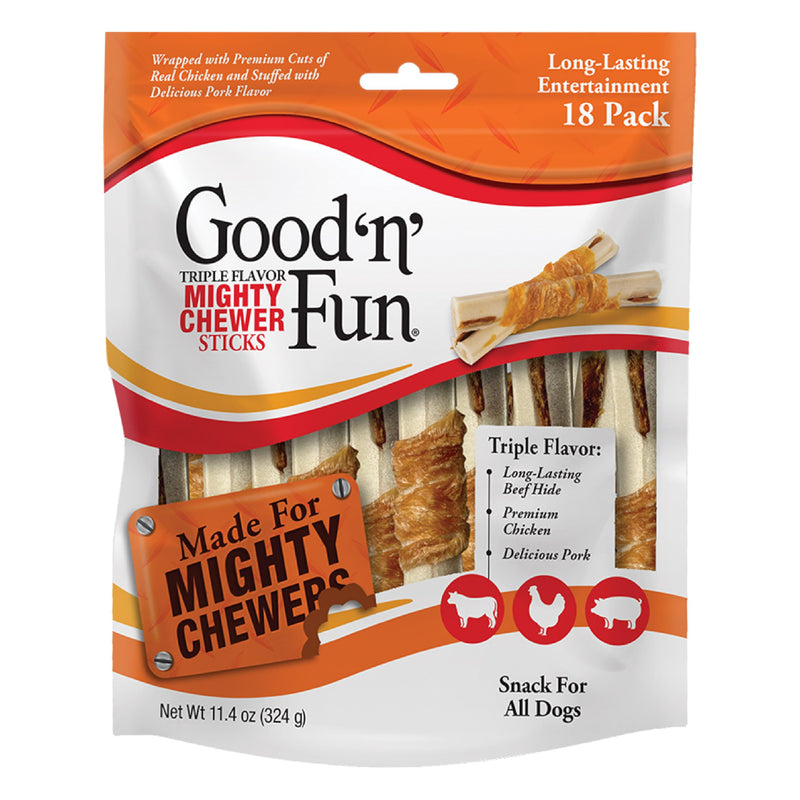GOOD 'N' FUN Triple Flavor Mighty Chewer Sticks for All Dogs, Treat Your Dog to Long-Lasting Chews Made with Beef Hide, Duck and Prime Rib Flavor, 18 Count