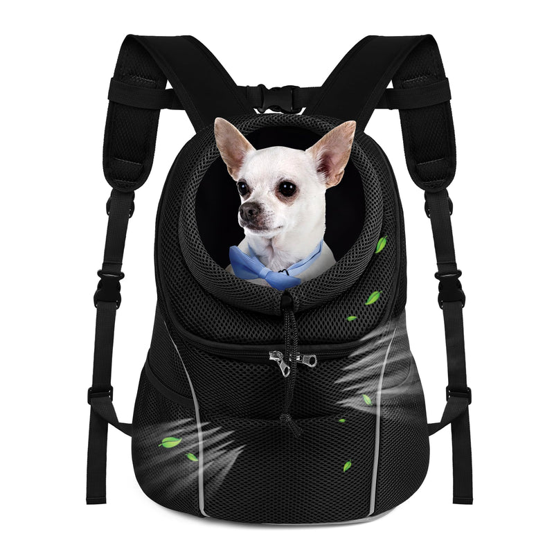 WOYYHO Pet Dog Carrier Backpack Small Dog Front Backpack Ventilated Dog Carrier Back Pack with Storage Pockets, Adjustable Straps & Safety Belt for Travel Hiking Outdoor (Size M: 5-9 lbs, All Black)
