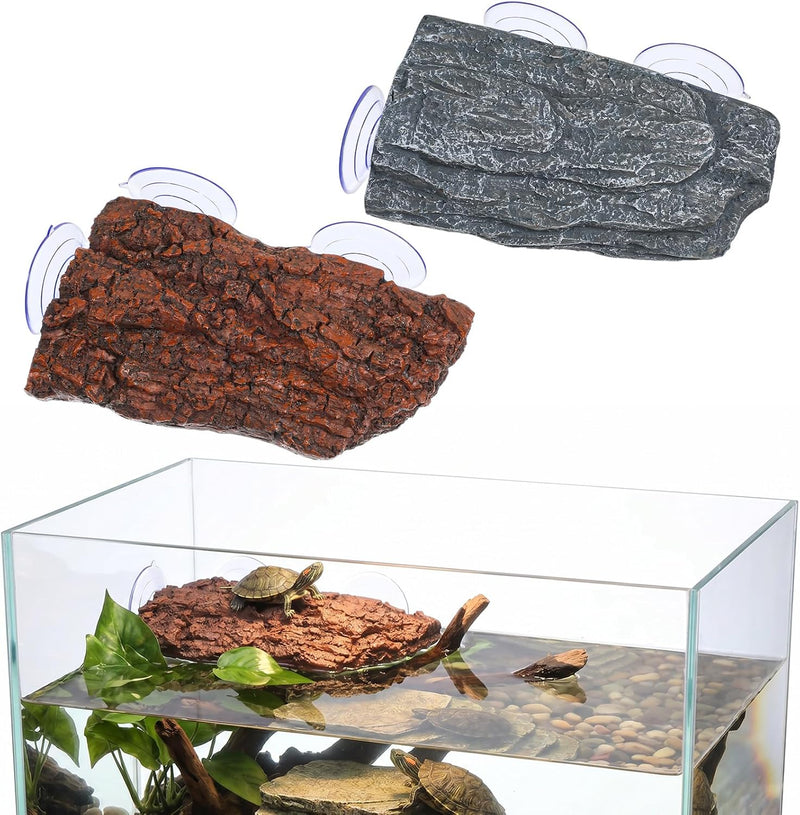 2-Pack Turtle Basking Platform, Basking Rock for Turtle Tank with Suction Cups, Bark & Stone Design Resin Tortoise Climb