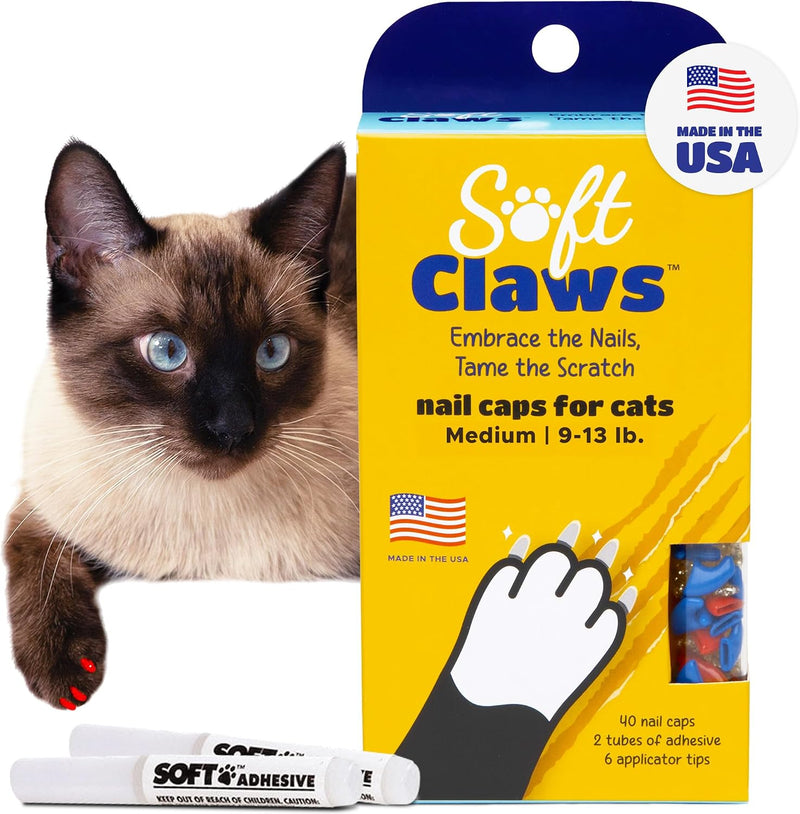 Soft Claws Cat Nail Caps for Medium Cats – (Red, Blue & Gold, 40 Caps) – Made in USA – Veterinarian-Developed | Scratch Protection, Easy to Apply, Long-Lasting Soft Nail Covers for Cats