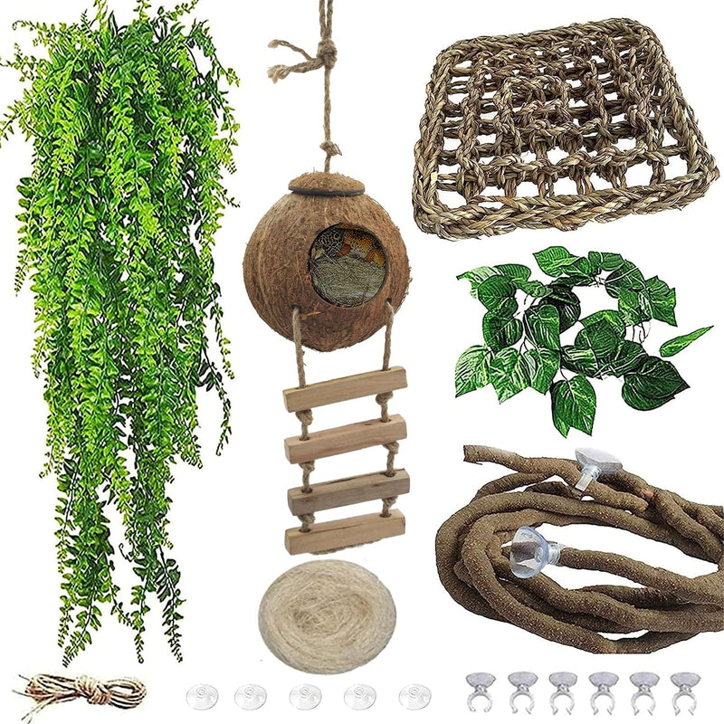 5PCS Coconut Hut for Gecko, Lizard Coco Den with Ladder and Reptile Hammock Bearded Dragon Tank Accessories Climbing Han
