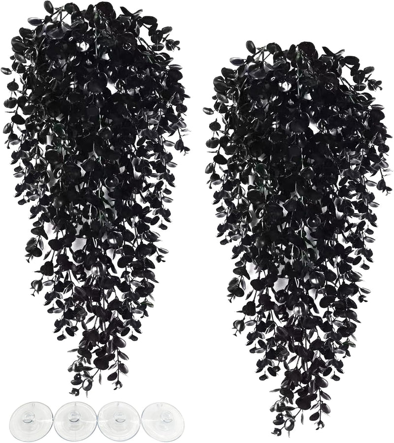 Hamiledyi Reptile Plants, 2 Pack Hanging Terrarium Plants, Artificial Leaves Habitat Decorations with Suction Cup, Fake