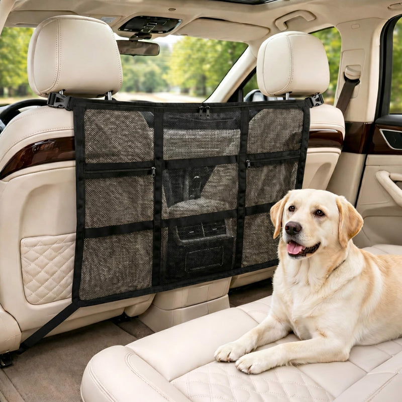 Loscarol Dog Car Barrier, Rear-Seat Divider Net with 3 Zipper Storage Bag, Drill-Free Install Abrasion-Resistant Mesh to Block Front Seats, Vehicle Safety Partition for SUV & Truck
