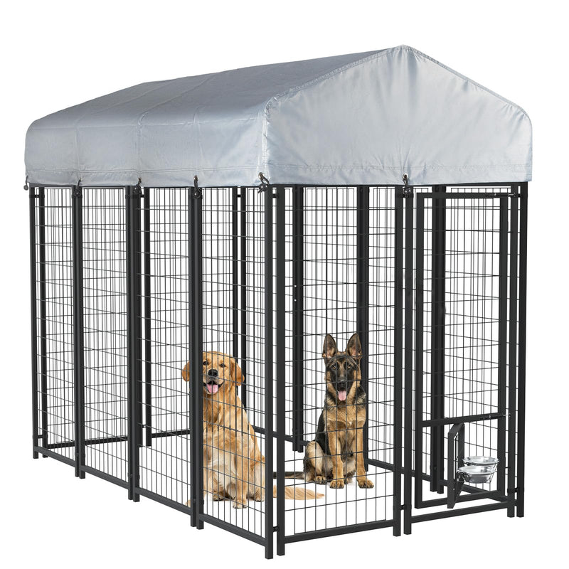 LEMBERI Heavy Duty Large Outdoor Dog Kennel 8x4x6 FT, Escape-Proof Dog Run with Double-Latch Gate, Heat Dissipation Sunshade Cover & 2 Stainless Steel Bowls, Galvanized Steel Dog Cage Enclosure