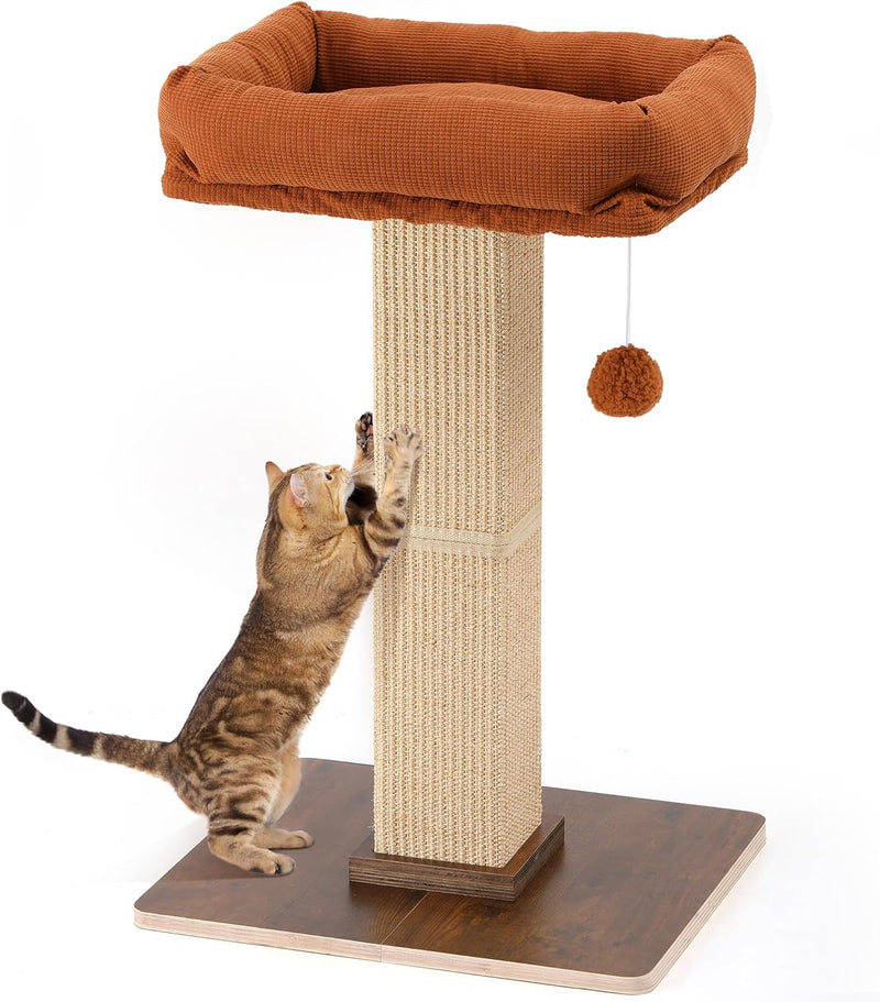 FUKUMARU Cat Scratching Post, Retro-Style Tall Scratch Posts with Perch for Infoor Cats Adults, Large Cat Scratcher Tower with Bed, Natural Sisal & Solid Wood