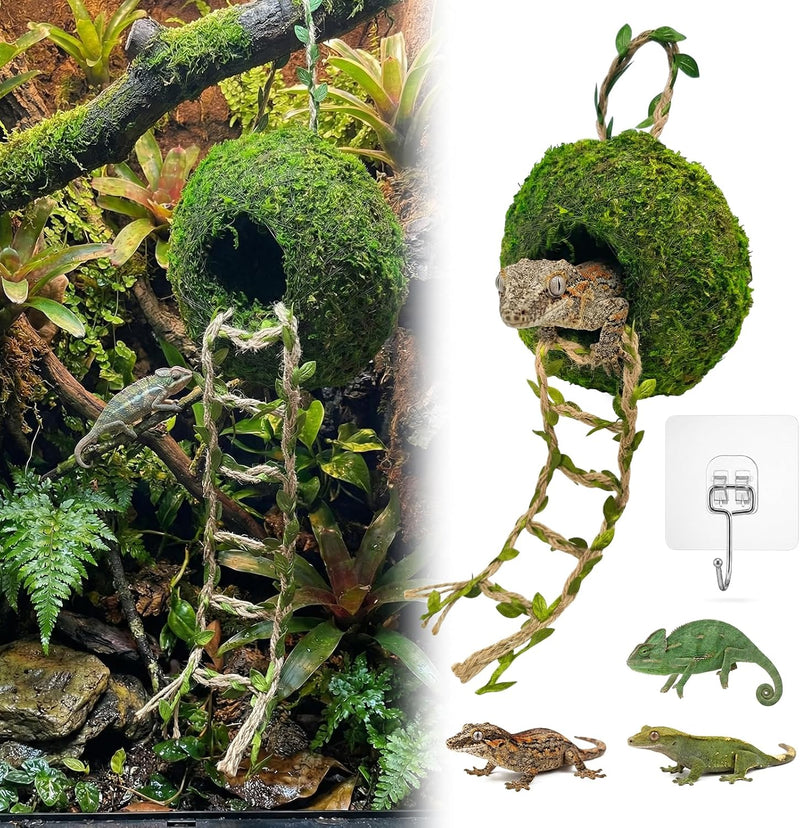 Artificial Handmade Cave Hideout with Hanging Rope & Hemp Climbing Ladder – Reptile Tank Decor Accessories for Leopard C