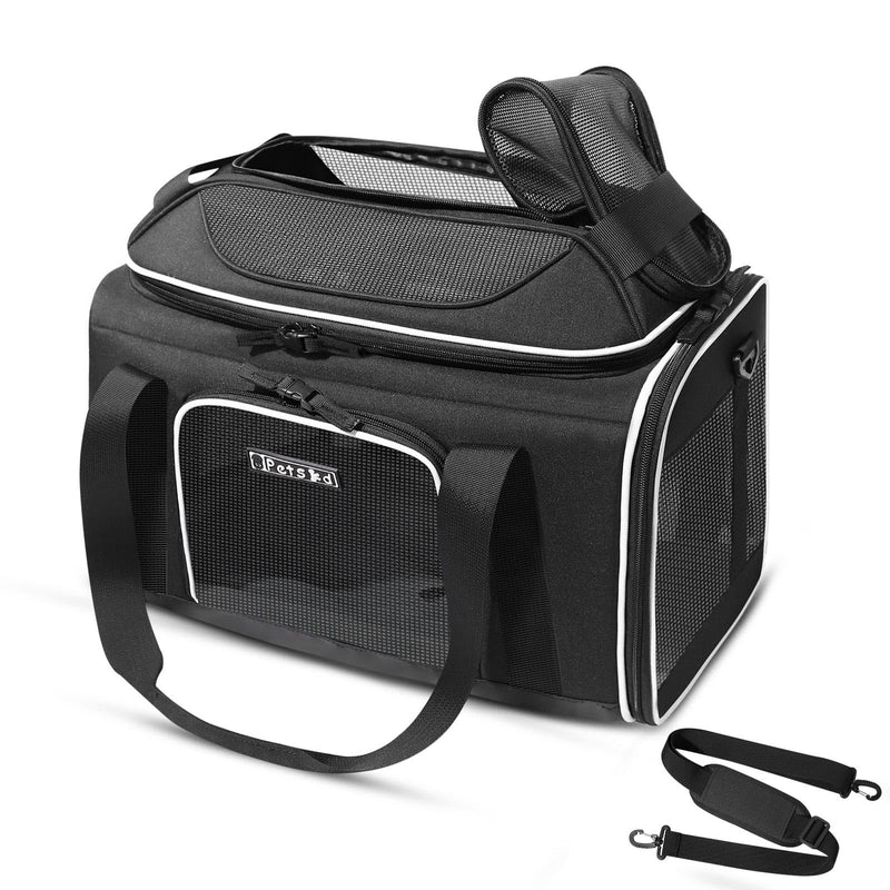 Petskd Top-Expandable Pet Carrier 18x11x11 Inches Delta American United Airline Approved, Soft-Sided Carrier for Small Cats and Dogs with Locking Safety Zippers and Anti-Scratch Mesh(Black)