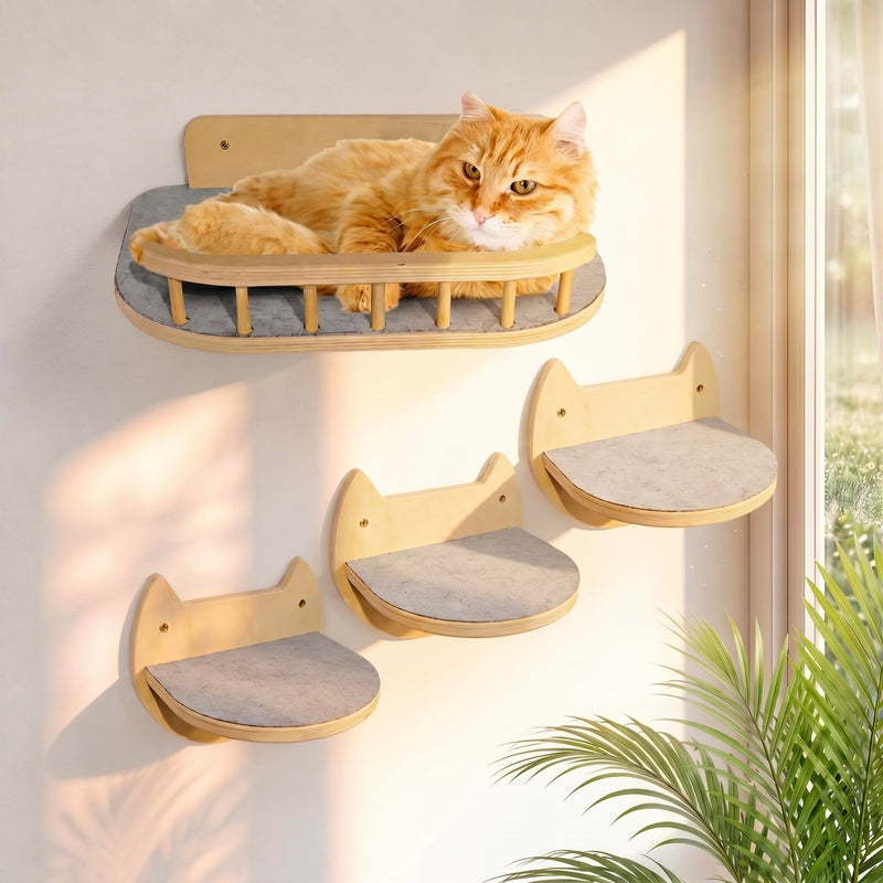 BUOGA Cat Wall Shelves – 3 Steps Climbing Furniture & Perch for Indoor Cats up to 30lbs, Wooden Floating Shelf with Non-Slip Pad Bed, Modern Corner & Wall Mounted for Playing and Lounging - Natural