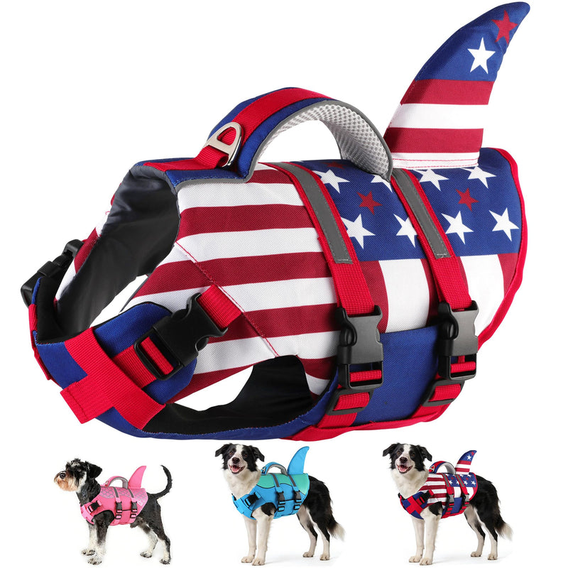 Dogcheer Dog Life Jacket Shark, Neoprene Harness Dog Life Vest with Lift Handle, Reflective Adjustable Pet Swim Float Vest for Small Medium Large Dogs - USA Flag, L