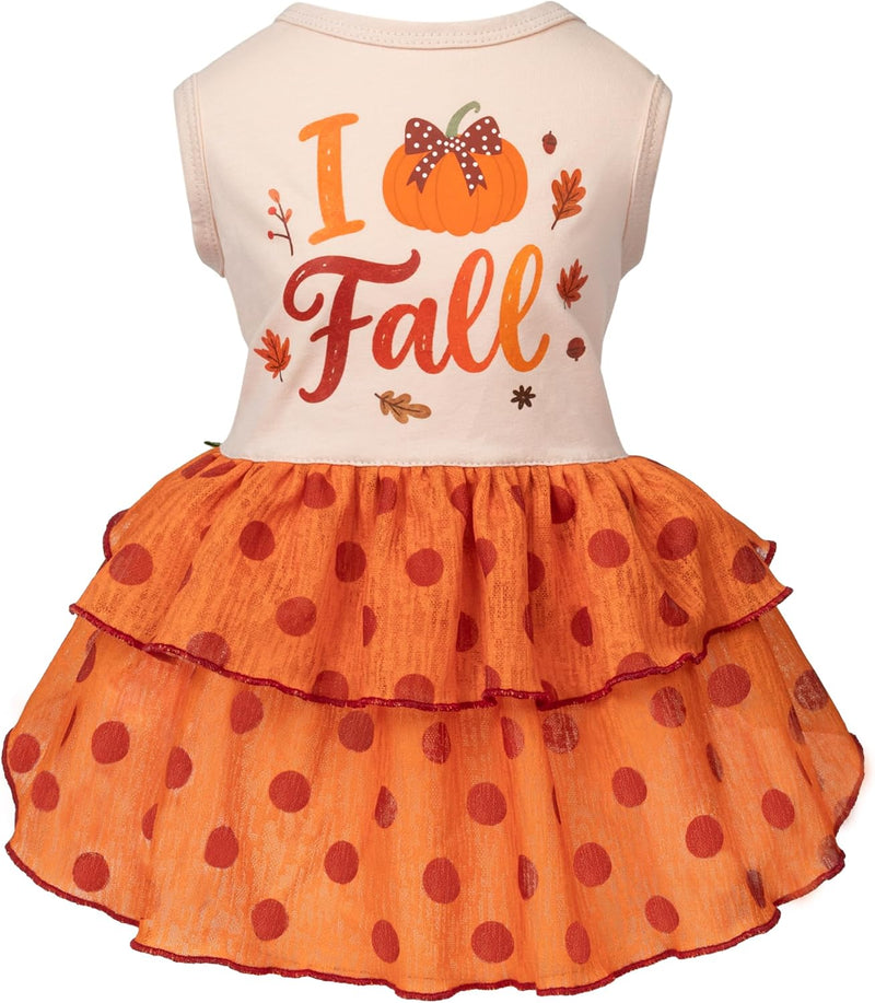 Fitwarm I Love Fall Dog Dress, Thanksgiving Outfit for Small Dogs Girl, Cute Pet Clothes, Orange, Beige