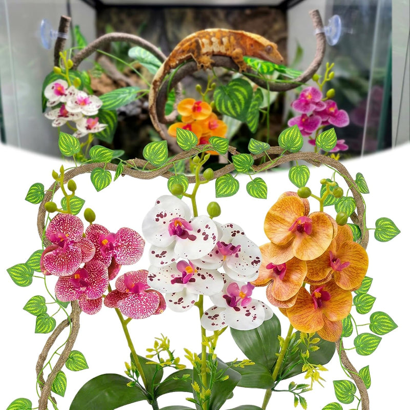 5 Pcs Reptile Plants & Habitat Decor Kit - 3 Artificial Phalaenopsis Orchid & Large 5ft Jungle Vine Branch, Terrarium Ta