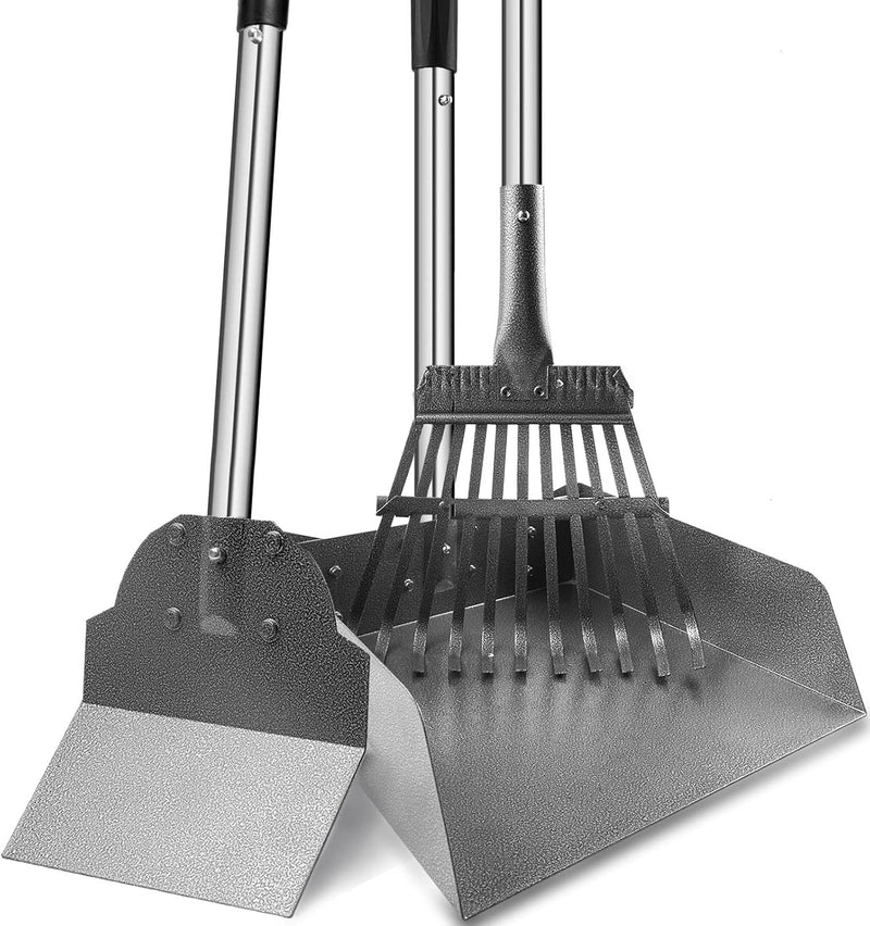 Dog Pooper Scooper for Large Dogs, 3 Pack Adjustable Long Handle Metal Tray, Rake and Spade Poop Scoop with Bin for Pet