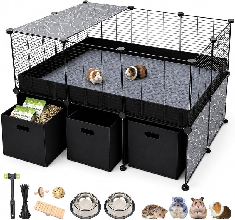 Guinea Pig Cage - C&C Small Animal Playpen with Waterproof Liner, Washable Pee Pad, Storage Bins, Toys & Bowl - Indoor H