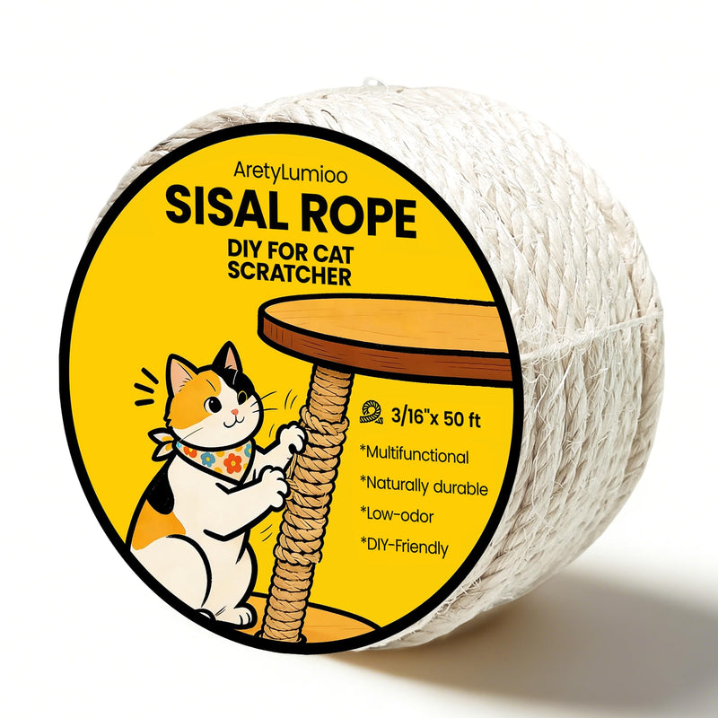 Natural Sisal Rope for Cat Scratching Post Replacement – 3/16 Inch x 50 ft, Twine for Repair, Restore & DIY Cat Trees, Towers, Furniture, White