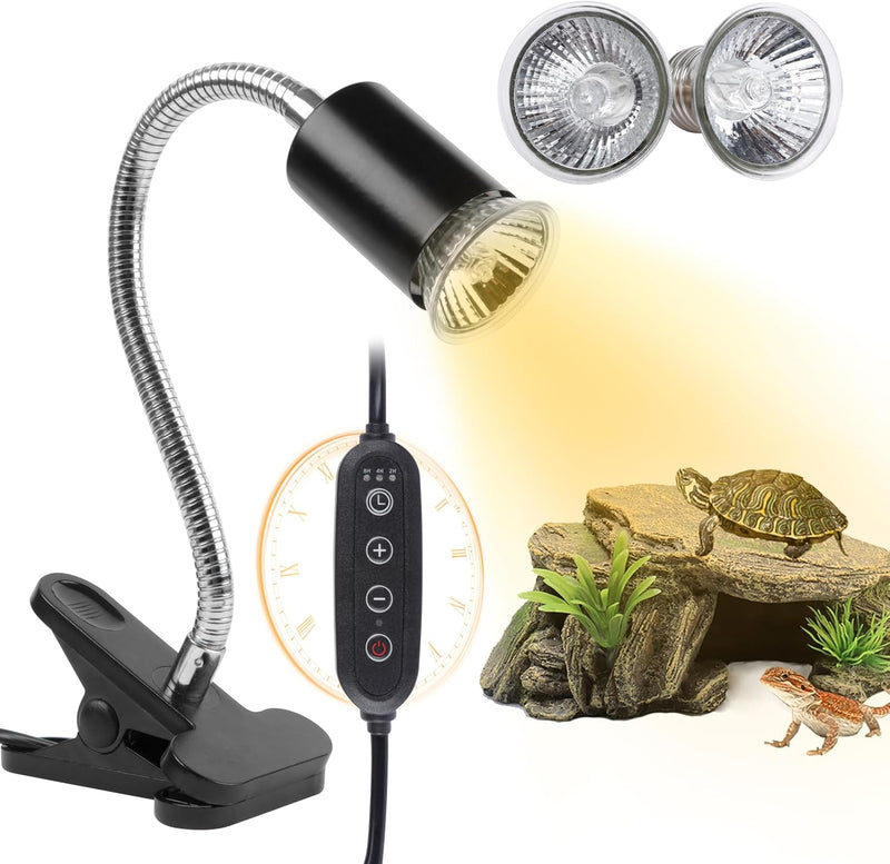 Turtle Basking Light (Cycle Timer), Tortoise Lamp UVA UVB Heat Bulbs -2 Pack 50W, 360°Rotatable Turtle UVA/UVB Basking H