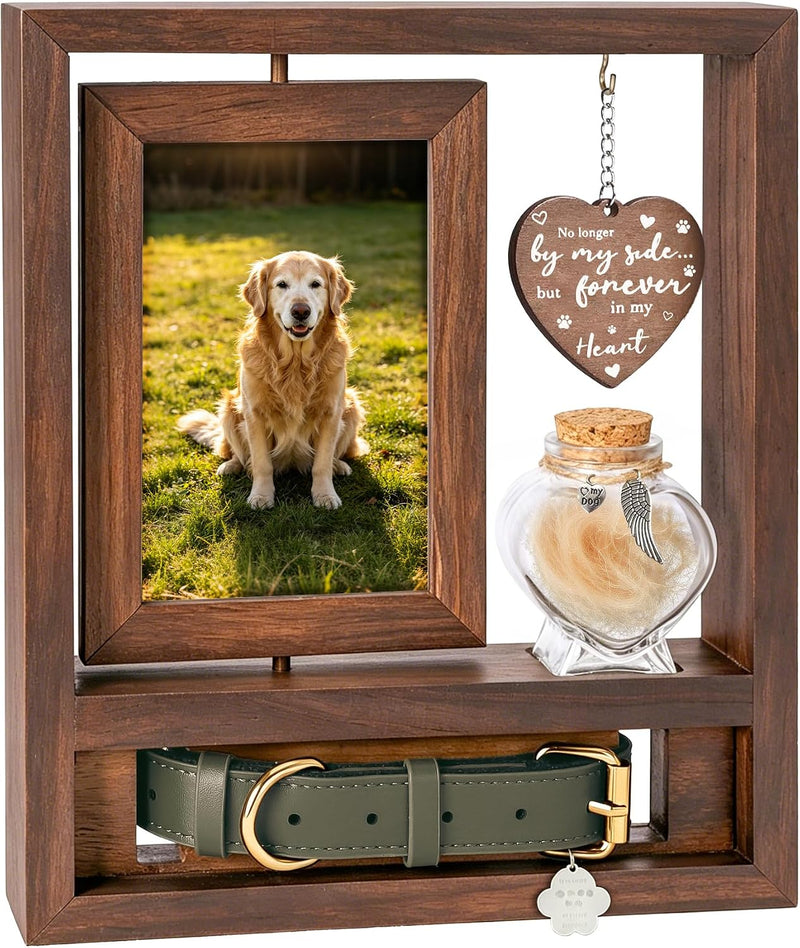 3 in 1 Dog Memorial Frame, Rotating Wood Frame with Fur Jar