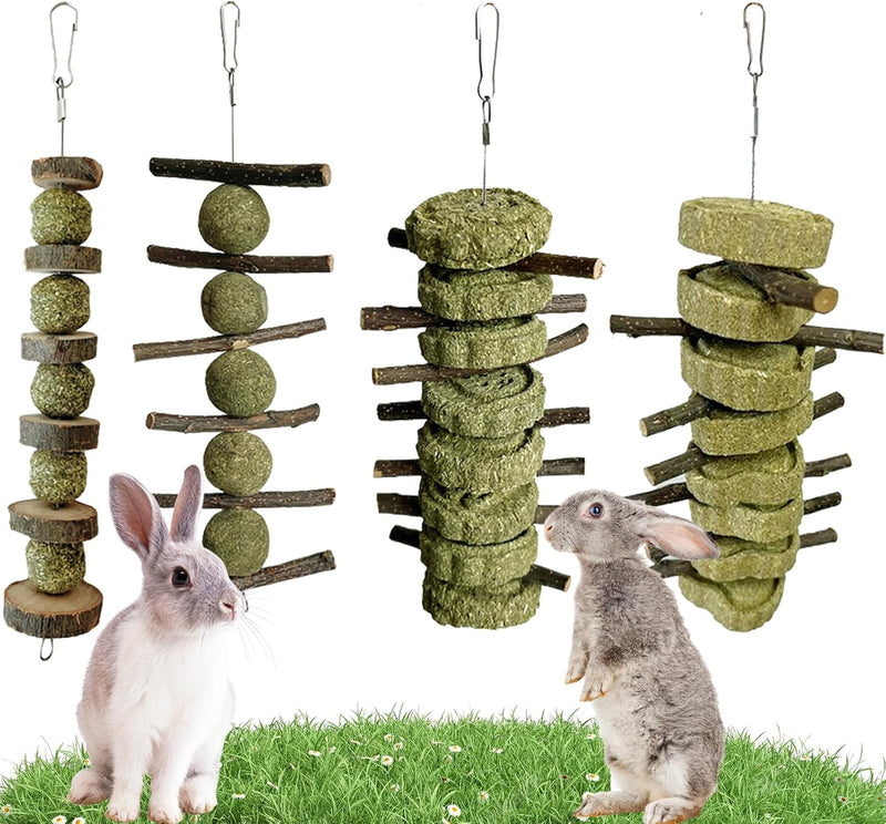 LWINGFLYER 4 Pack Bunny Chew Toys Apple Wood Chews Rabbit Cage Hanging Grass Cake Snack Treat for Teeth Grinding Improve