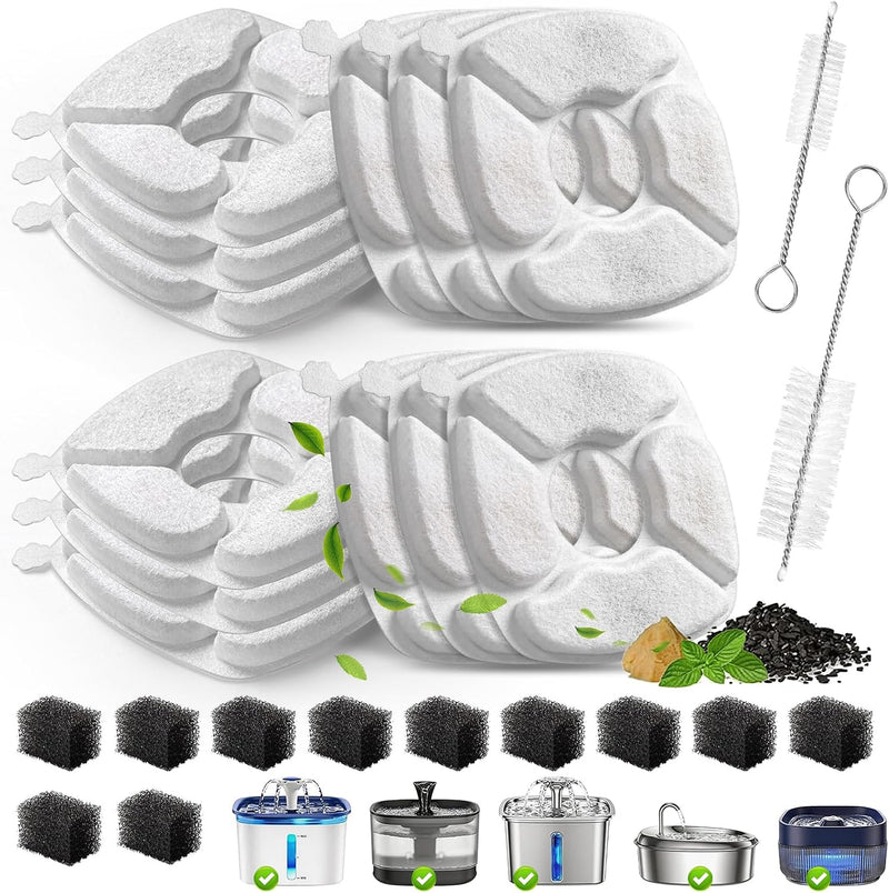 Cat Water Fountain Replacement Filters-12 Pack Cat Fountain Filters with 12 Pack Sponges, Enhanced Compatibility Pet Fou