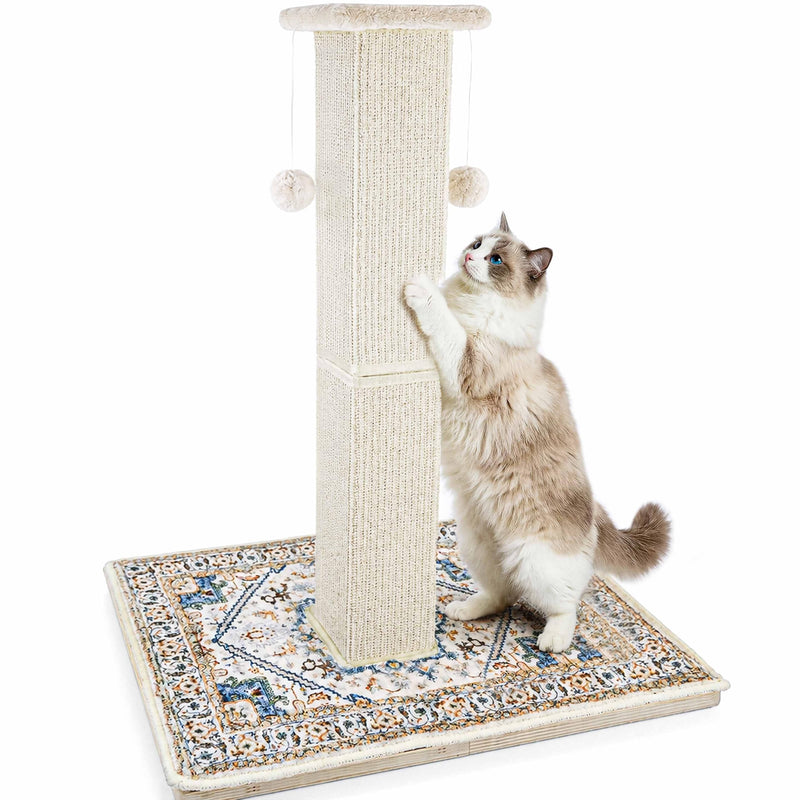Catails Tall Cat Scratching Post for Indoor Cats Adults, 33'' Large Cat Scratch Post with Perch, Cute Cat Scratching Post with Boho Carpet & Dangling Ball Toys, White