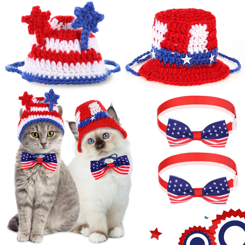 Ganeen 4 Pcs Independence Day Cat Costume 250 Anniversary 4th of July Pet Hat Headband American Flag Bow Tie Dog Cap USA 1776-2026 American Day Small Animal Top Hats Bowtie Collar Costume for Animal
