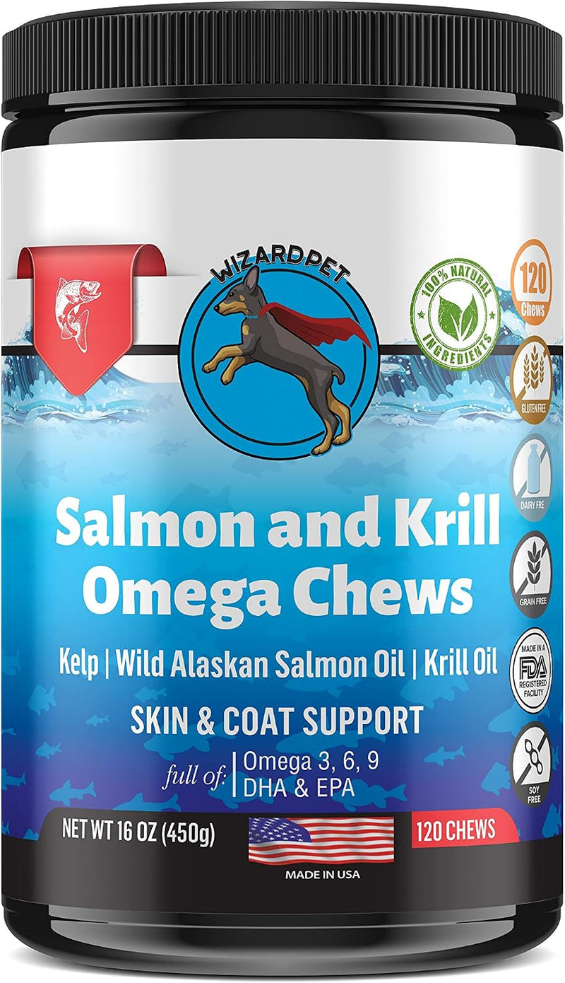 Wild Alaskan Salmon Krill Oil Chews for Dogs - 120 Soft Treats - Omega 3 6 9 Fish Supplement EPA, DHA for Itch-Free Skin