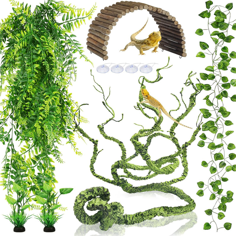 QUOZUO Bearded Dragon Tank Accessories, Terrarium Hanging Plant Vines Artificial Leaves Reptile Hide, Bridge Jungle Clim