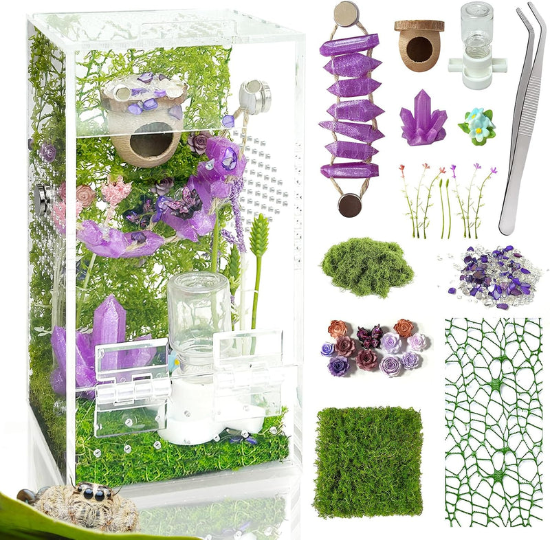 Jumping Spider Enclosure,DIY Insects Habitat,Small Reptile Terrarium Glass House Accessories Set,with Jumping Bridge Hid