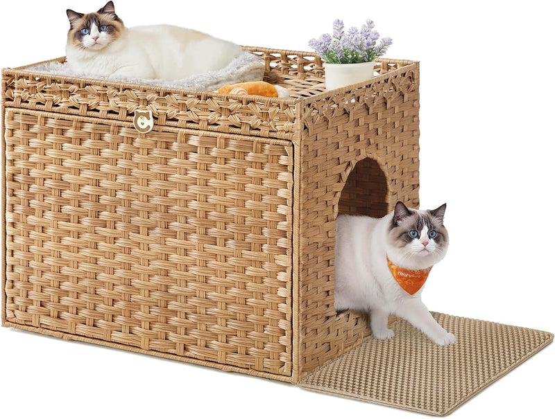 Feandrea Cat Litter Box Enclosure, Handwoven Rattan End Table, Extra Mat