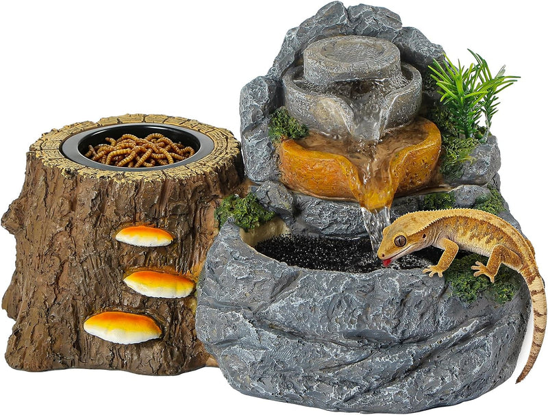 Reptile Water Fountain 700ML with Food Dish for Geckos, Bearded Dragons