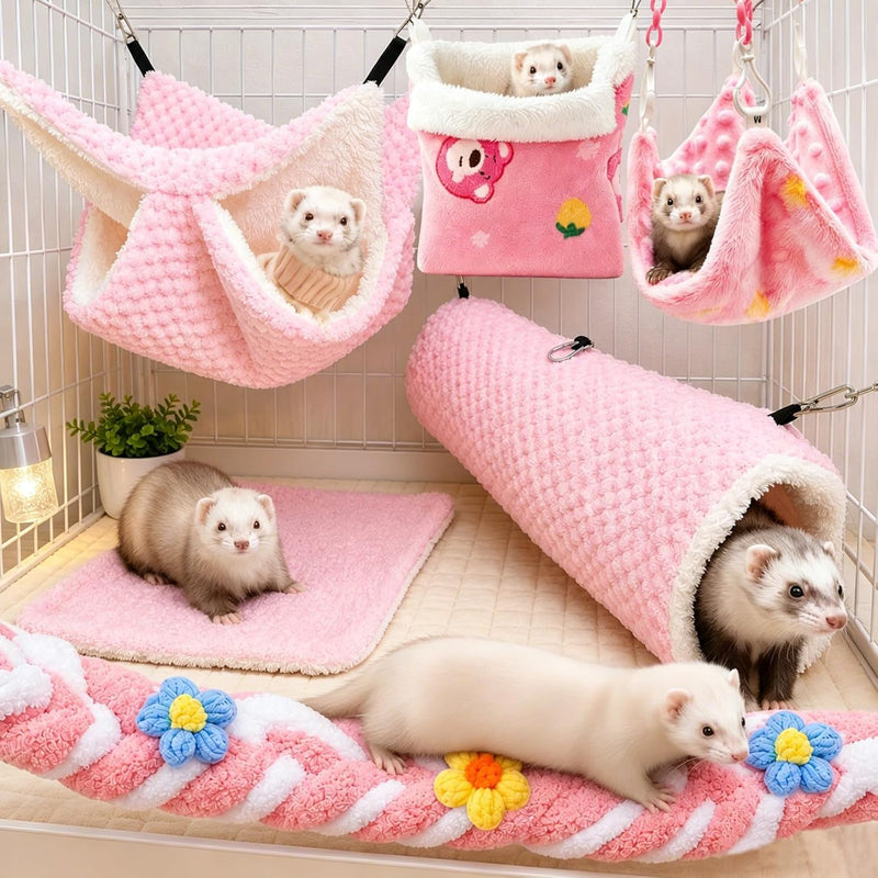CTTZCKJ Anxiety Relief Ferret Hammock Set with Soft Cage Mat,6 Pcs Pink Sugar Glider Cage Accessories for Rats,Hamster,G