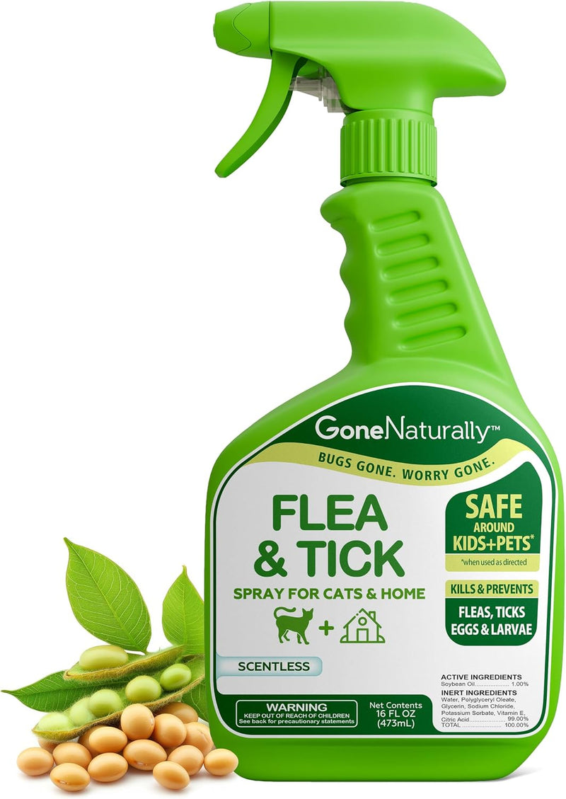 Flea and Tick Spray for Cats & Home – Scentless Soybean Oil Cat Flea Spray for Home, No Essential Oils – Kills Fleas, Ti