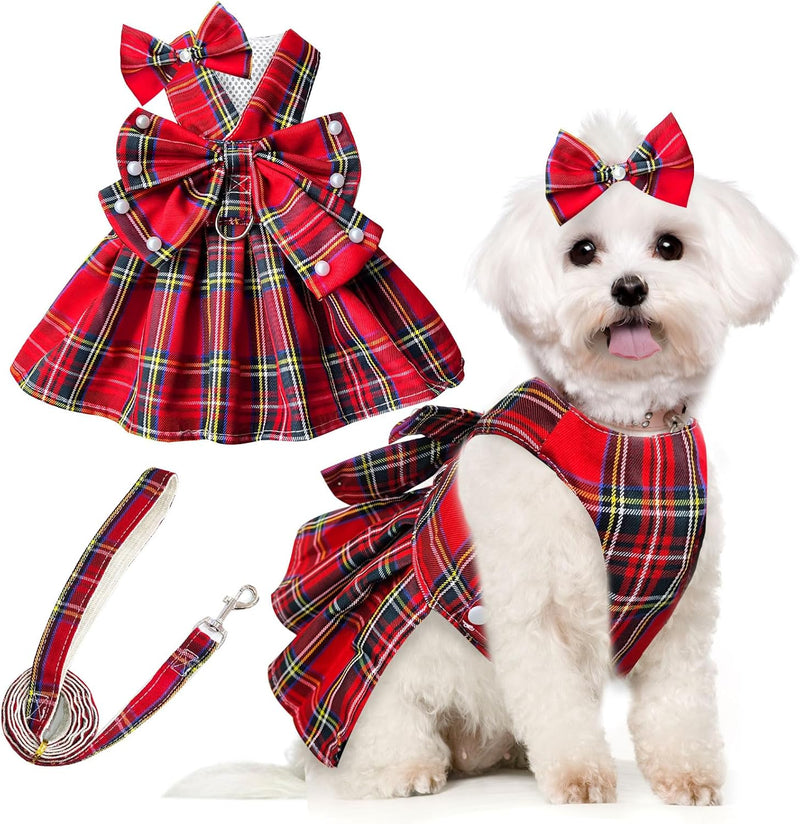 PETCARE Cute Dog Dress Clothes for Small Dogs Cats Girl Female Red Plaid Bow Tie Dog Harness Dresses Leash Set with Pear