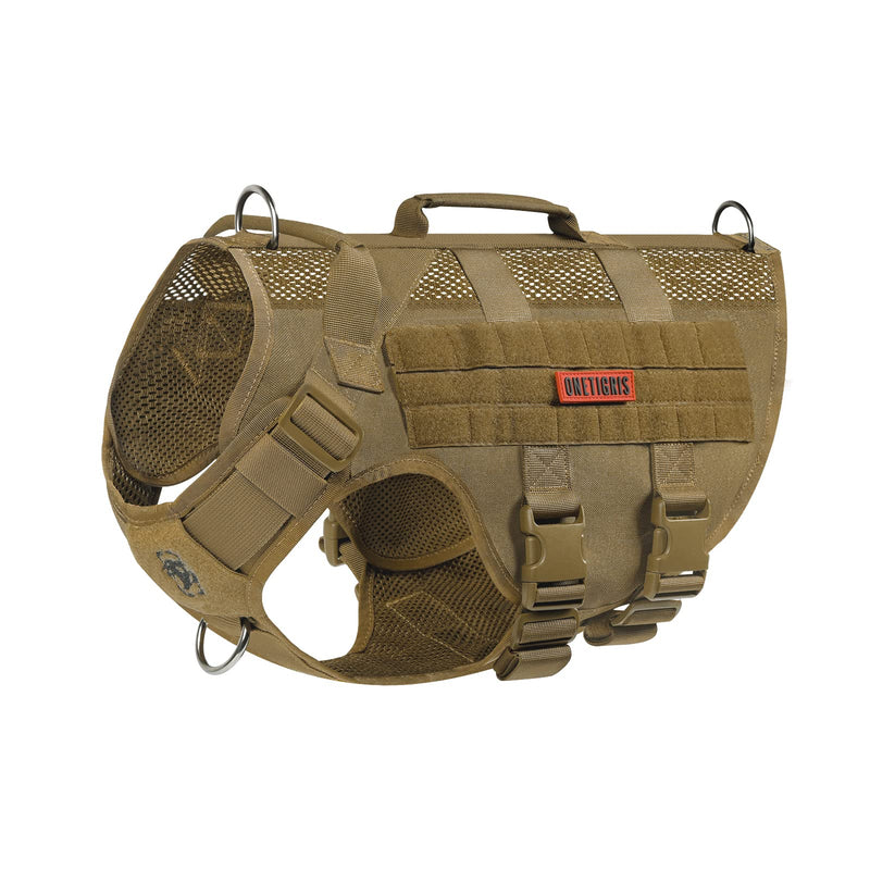 OneTigris No Pull Tactical Dog Harness for Medium Dog, Aire Mesh Dog Vest Harness, Breathable Military Molle Vests with Handles, Service Dog Vest for Walking Hiking Training (M, Brown)