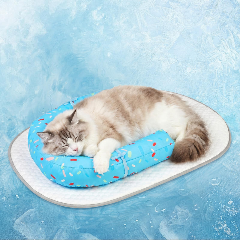 Supet Cat Cooling Mat with Soft U-Shaped Pillow - Breathable Ice Silk Cooling Pad for Cats and Small Dogs - Portable Washable Summer Pet Bed for Indoor, Crates or Travel Use, Blue