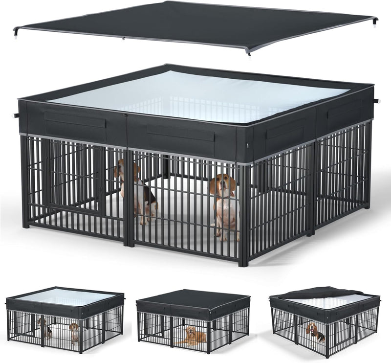 Dog Playpen Cover Reinforced with Waterproof Sunshade Curtain | 1680D Waterproof Oxford Cloth & Nylon Mesh | UV-Resistan