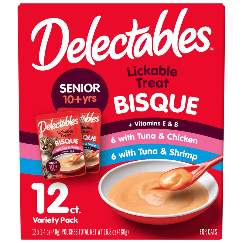 Delectables Lickable Treat Bisque Senior 10+ Wet Cat Treat Variety Pack, Food Topper, Hydrating, Grain-Free, No Fillers, No By-Products, No Added Preservatives, 1.4oz Pouch, 12ct