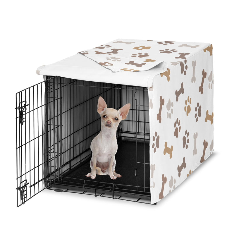 Sweet Jojo Designs 24in. Small Dog Crate Cover (Bones and Paw Prints) Pet Cage, Kennel Covers (Modern, Cartoon, Doggy, Puppy, Neutral, Paws Print, Whimsical, Brown, Tan, Grey, Taupe and Off White)