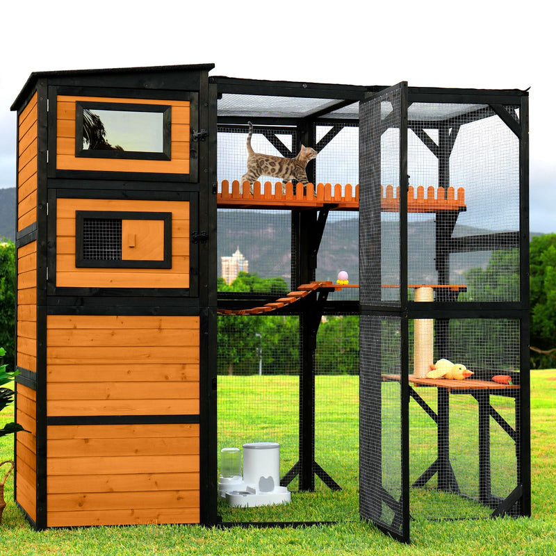 Catio Outdoor Cat Enclosures, Large 4 Tiers Wood Cat House, Cat Enclosure Connect to Window with Weatherproof Roof, 4 Platforms, Scratching Pole & Bridge