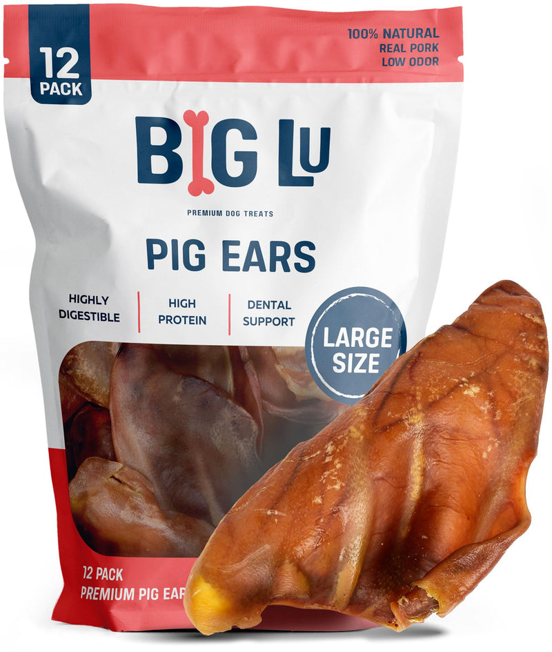 Big Lu – Whole Pig Ears for Dogs, 12 Count, All-Natural Single-Ingredient Pork Treats for Medium and Large Dogs, Easily Digestible, Long-Lasting, Supports Joint Health with Glucosamine and Chondroitin